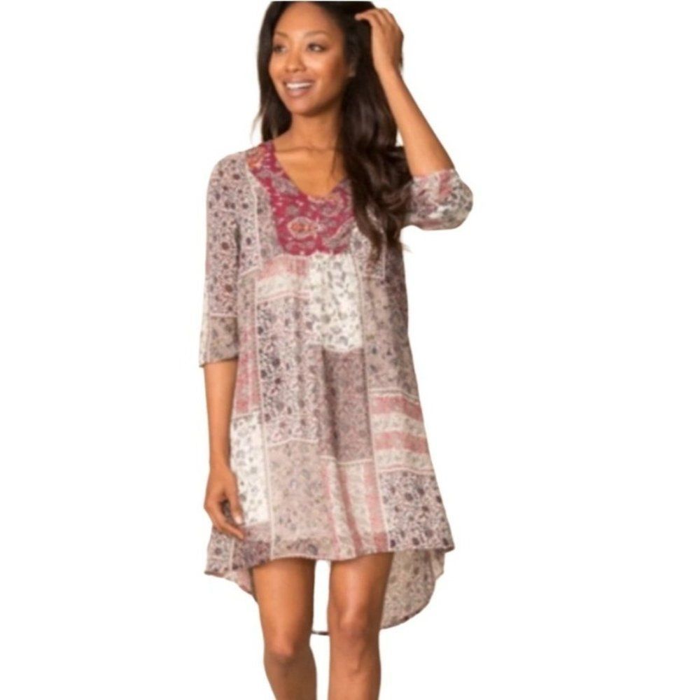 SIMPLY Noelle Bohemian Patchwork Floral Tunic Dress Lined Side Pockets Size L/XL